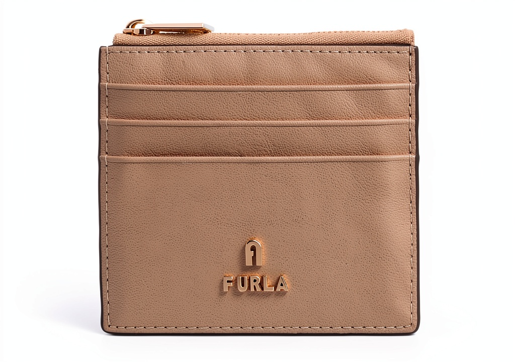 FURLA Porta Carte Donna Zipped Card Case aperto che mostra l'organizzazione interna in una borsa di pelle marrone
