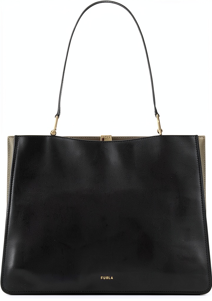 Borsa Furla in pelle con chiusura a spina e maniglia oro su sfondo neutro